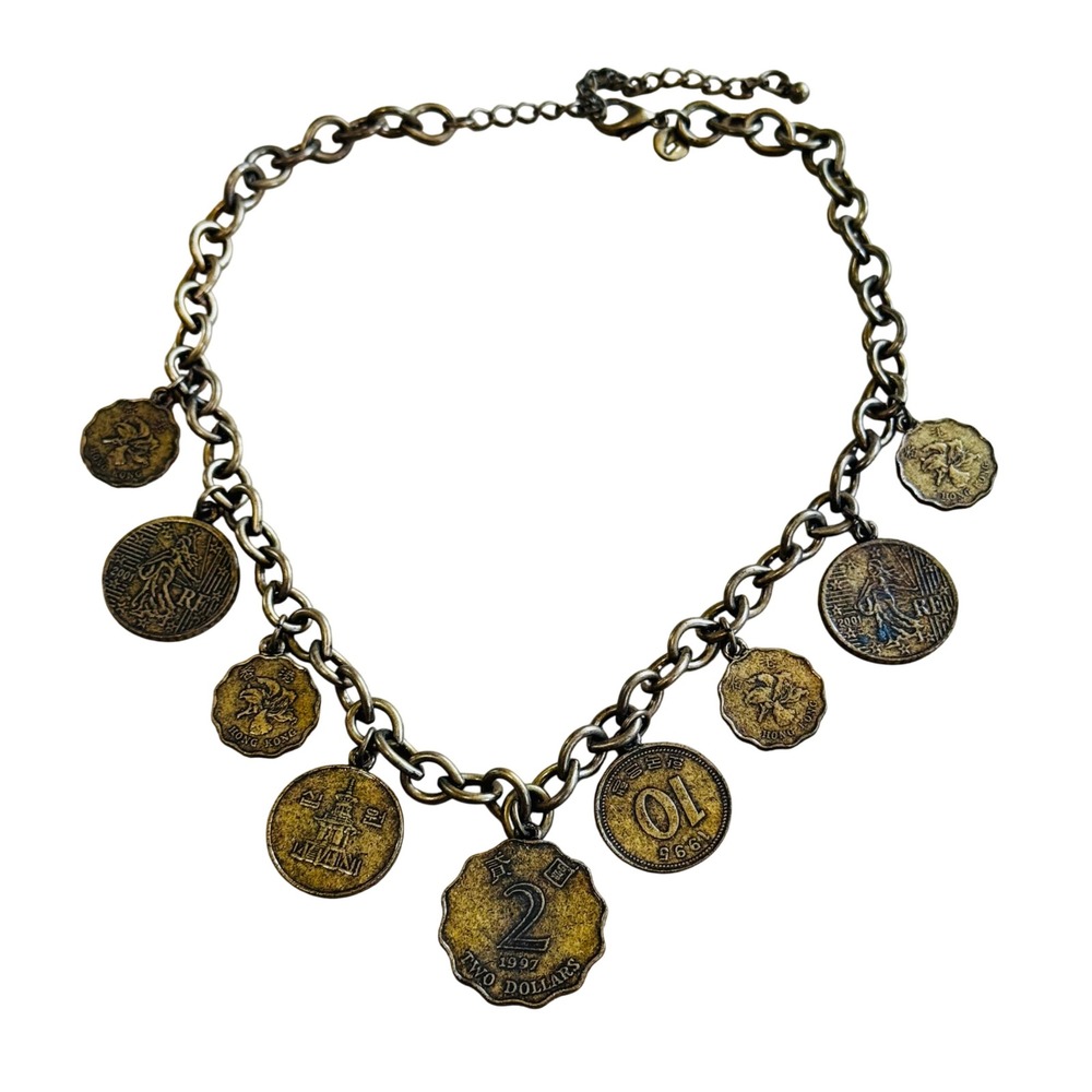 VTG Regal Coin Charm Dangle Necklace Choker Victorian Style Byzantine Bronze 18"